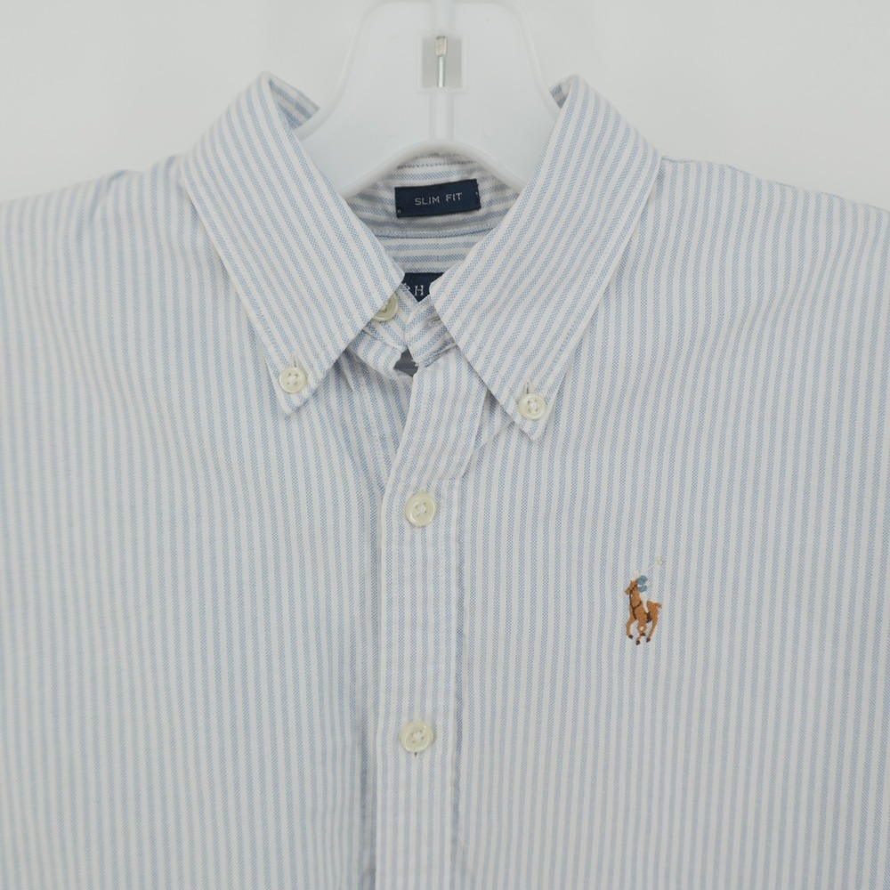 Ralph Lauren Button Down Women 2 Blue Striped Slim Fit Cotton Oxford Shirt